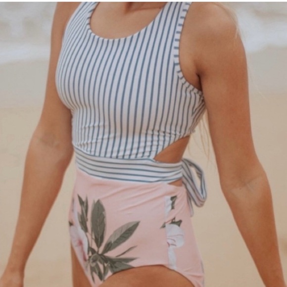 Striped and Floral Women Swim One Piece - Picture 3 of 3